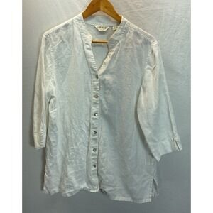 Orvis Women's Size 14‎ LG White Linen Button Down Shirt collarless Beach 3/4 slv
